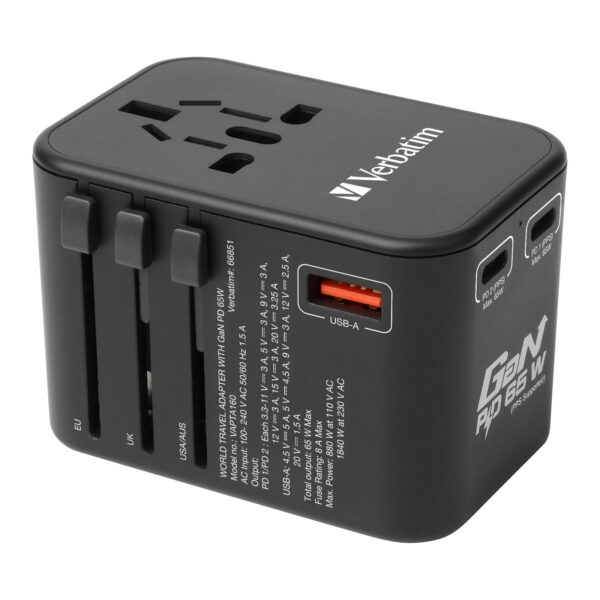 3 Port 65W PD 3.0 & QC 3.0 GaN Universal Travel Adaptor
