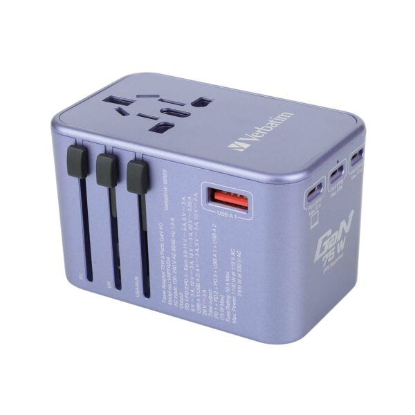 5 Port 75W PD 3.0 & QC 3.0 GaN Universal Travel Adaptor - Image 2